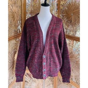 Vintage Saturdays Red Black Grey Blend Knit Cozy Chunky Grandpa Cardigan Sweater